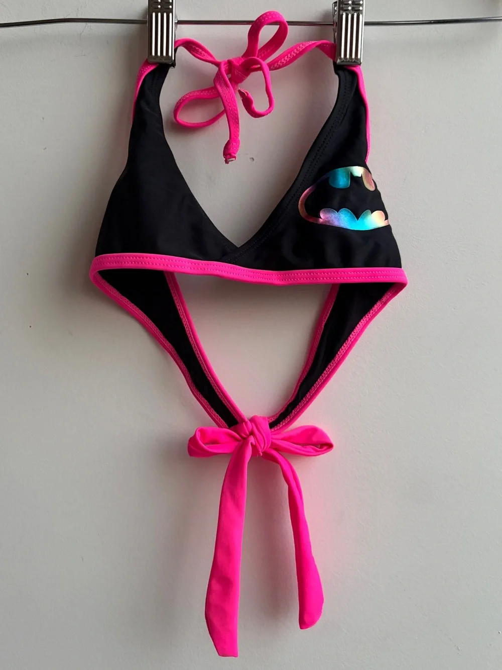 Girls Batman DC Comics Black & Neon Pink Triangle Swim Top with Holographic Logo